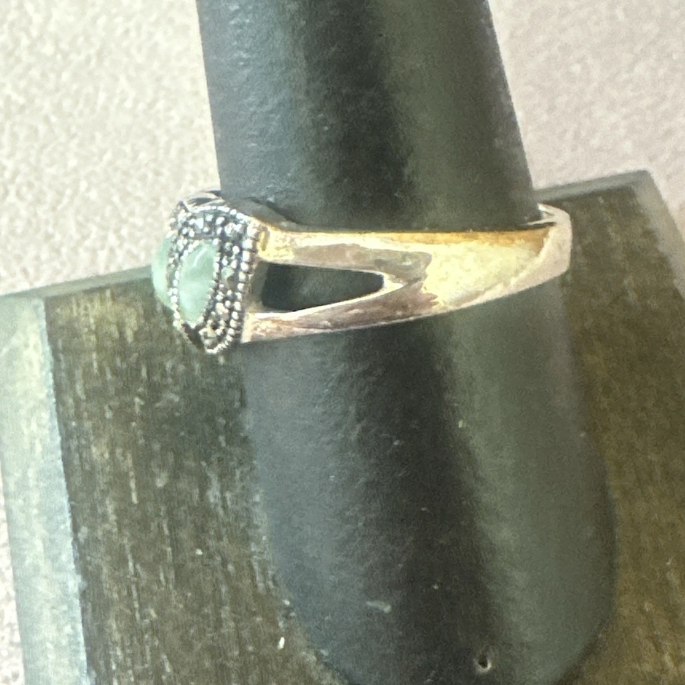 Vtg Signed NV Art Deco Ring Oxidized Sterling Silver 925 Aventurine Marcasite 8 - Picture 6 of 8